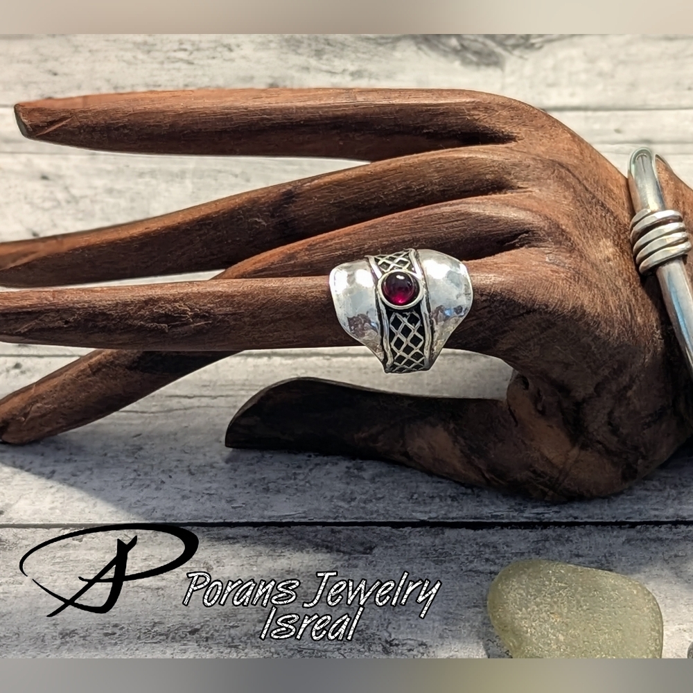 Porans Israel Sterling Silver .925 and Garnet Stone Oxidized Cigar Band Ring